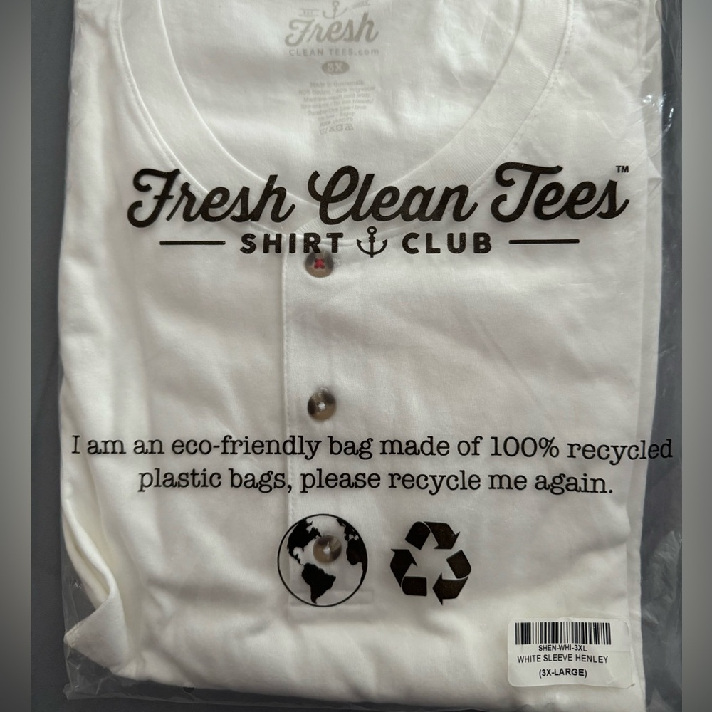 Brand New 3X Fresh Clean Tees Shirt Club - White Sleeve Henley